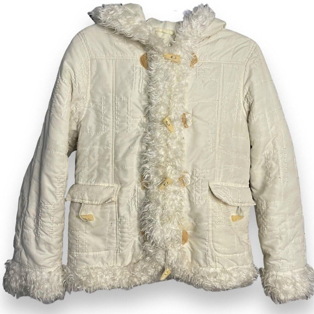 Faded Glory Faux Fur Trim Puffer Coat Girls 14/16 Ivory White Hood Pockets Y2K